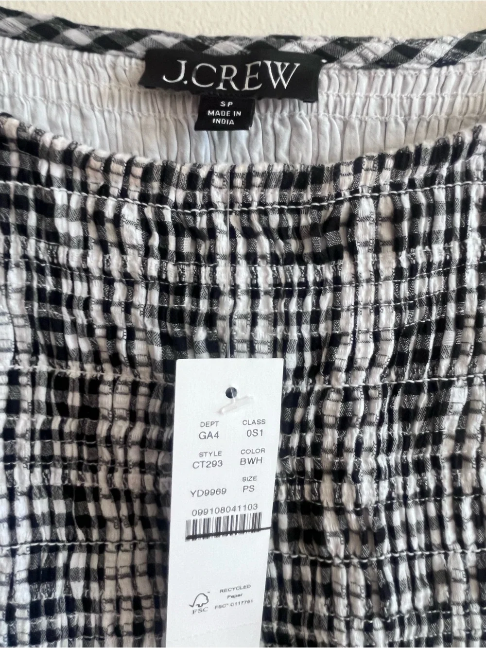 J. Crew Black & White Gingham Smocked Midi Dress size Small Petite